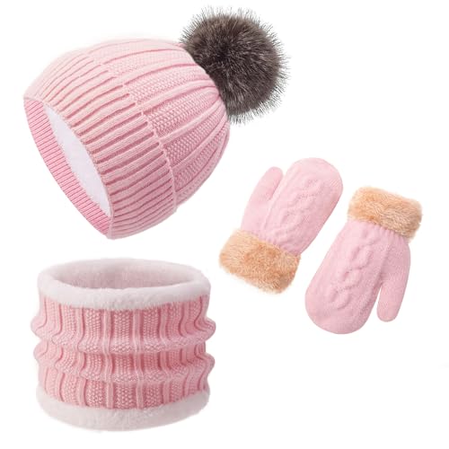Image of Kids Winter Beanie Hat Gloves Scarf Set 1-10 Years Old Girls Boys Mittens Knit Neck Warmer Warm Fleece lining