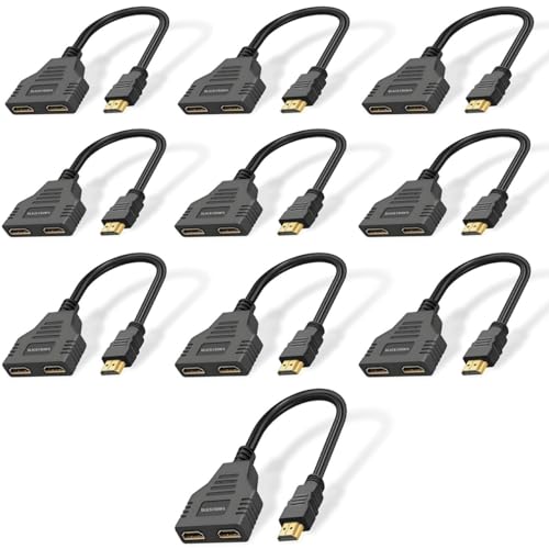 Image of BLACK CROWN HDMI Cable Splitter, HDMI 1x2 Splitter Cable, HDMI Cable Splitter 1 in 2 Out HDMI Splitter Adapter, HDMI Male to Dual HDMI Female 1 to 2 Way for HDMI HD, LED, LCD, TV. Black (Pack of 10)
