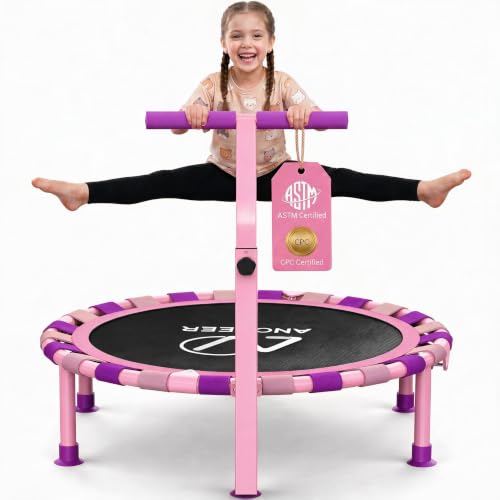 Image of ANCHEER 38 inch Toddler Trampoline for Kids, ASTM Certified Foldable Mini Trampoline with Adjustable Foam Handle, Indoor & Outdoor Kids Trampoline, Quiet Design, 200 LBS Capacity, Easy Assembly
