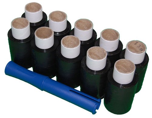 Ei-Packaging 10 Rolls Black Blown 100mm x 150m x 17mu Mini Hand Pallet Stretch Wrap Cling Film With Free Dispenser