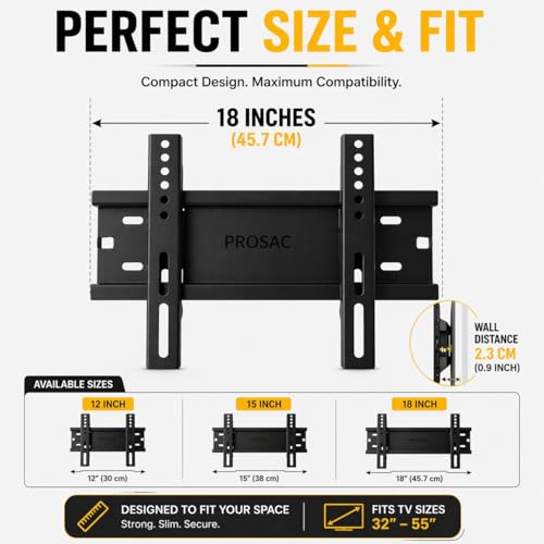 Image of PROSAC Heavy Duty TV Wall Mount Bracket for 32-55 Inches LED /HD /Smart TV'S, Universal Fixed TV Wall Mount Stand(18 Inch) Pack of 1