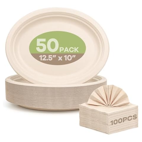 FEHHTO 100% Compostable 12.5Inch 50Pack Oval Paper Plates with 13inch 100Pack Disposable Napkins, Heavy Duty Bagasse Platters Eco-Friendly Biodegradable Sugarcane Plates Napkins for BBQ, Party, Picnic Cover