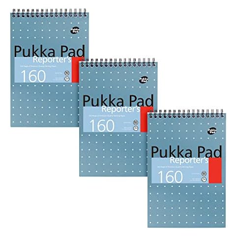 Pukka Pad, Reporter’s Pad 3 Pack for Home, School, and Office - 14 x 20.5cm - Wirebound, Head-Bound Notebook with 160 Pages of 80GSM Paper - Microperforated for Easy Removal - Blue Cover