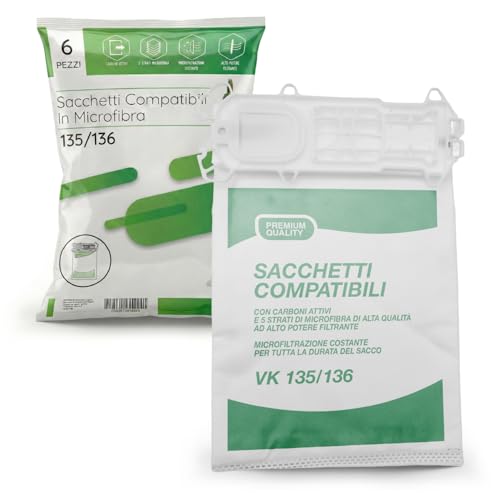 6 Sacchetti Compatibili Folletto VK135-136 in Microfibra 5 Strati Alta Filtrazione – Ricambio Aspirapolvere con Protezione Motore e Massima Tenuta Polvere