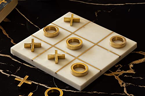 Image of MARBLEOUS Marble Tic Tac Toe Game, Marble Brass Game (with 5 Solid Brass X's O's), Marble Board Game, Board Game for Kids, Marble Game, Coffee Table Decor