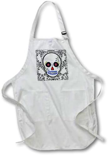 3dRose apr_28865_1 Day of The Dead Skull Dia De Los Muertos Sugar Skull Red Black Scroll-Full Length Apron with Pockets, 22 by 30-Inch, White