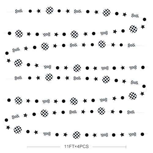 Image of Fast One Birthday Decorations Black White Checkered Polka Dot Star Hanging Garland Banner for Checkered Race Car First Lap Around the Track Bday Talladega Nights 1st Birthday Decorations Supplies