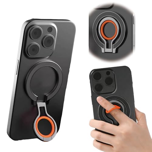 Magnetic Phone Stand with Dual Rings & Grip Foldable Holder for Handheld & Desktop Use Compatible with MagSafe & Magnetic Ring (Black+Orange)