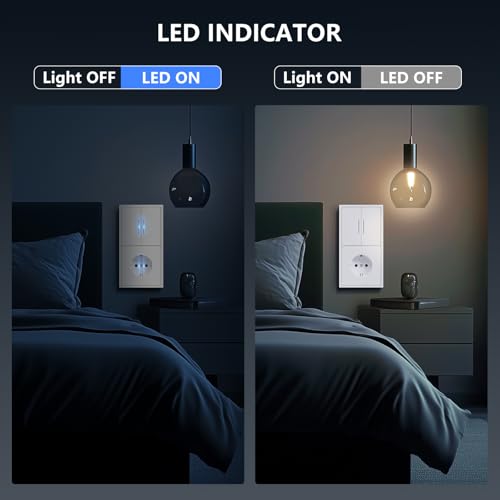 BSEED Lichtschalter mit Steckdose mit Steckklemme,2 Fach 1 Weg Lichtschalter mit LED Kontrollleuchte,Wandschalter mit PC Rahmen,Unterputz Schalter mit Steckdosen Weiß - 150X80mm