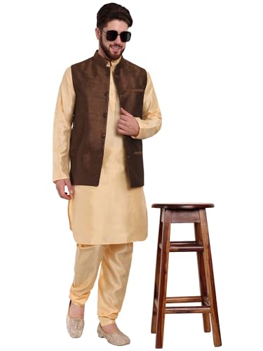 SKAVIJ Mens Embellished Ethnic Wear Nehru Jacket Floral Printed Formal Waistcoat Regular Fit (Large,Brown)4
