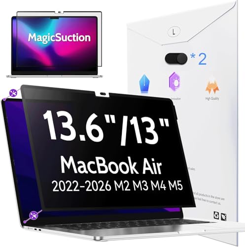 Image of Peslv Privacy Screen for MacBook Air 13.6 /13 Inch (2022-2026, M2, M3, M4, M5), MagicSuction Removable Anti Spy Black Protector, Glare Blue Light Filter for Mac Laptop Computer