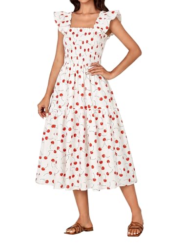 Image of Rooscier Women's A Line Smocked Midi Dress | Summer Sleeveless Square Neck Casual Sundress
