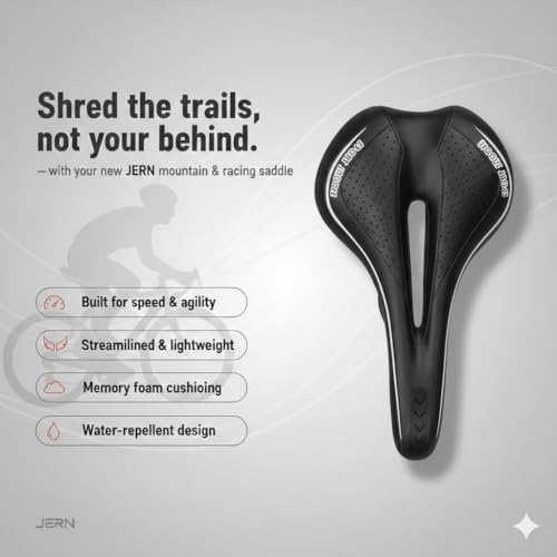 Image of JERN Ergonomic Bicycle Saddle, Memory Foam Comfort Bike Seat with Airflow Vent, Shock Absorption, Anti-Slip Design for MTB, Road, Cycle (Black)