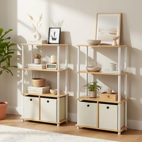 Image of Furinno Go Green 4-Tier Multipurpose Storage Rack Shelving Unit with Bins (Set of 2), Beech