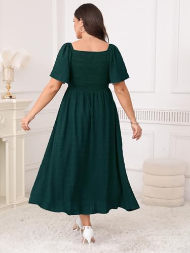 Image of Plus Size Casual Maxi Boho Dress for Curvy Women Short Sleeve Square Neck Smocked Summer Beach Dresses Button Down