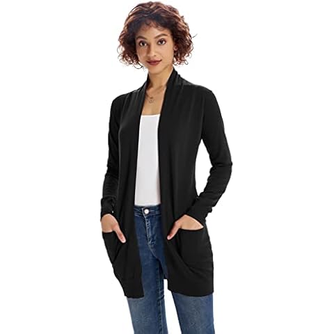 GRACE KARIN Damen Strickjacke Langarm Elastisch Offene Lang Knitwear Cardigan mit Taschen Strickmantel 2XL Schwarz Cover