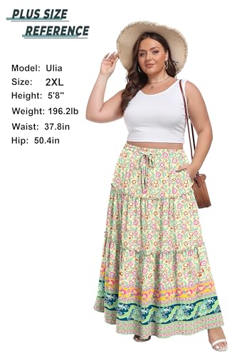Image of Lepunuo Womens Casual Boho High Waisted Flowy Maxi Skirts Tiered Floral Long Skirts with Pockets for Summer Beach Vacation