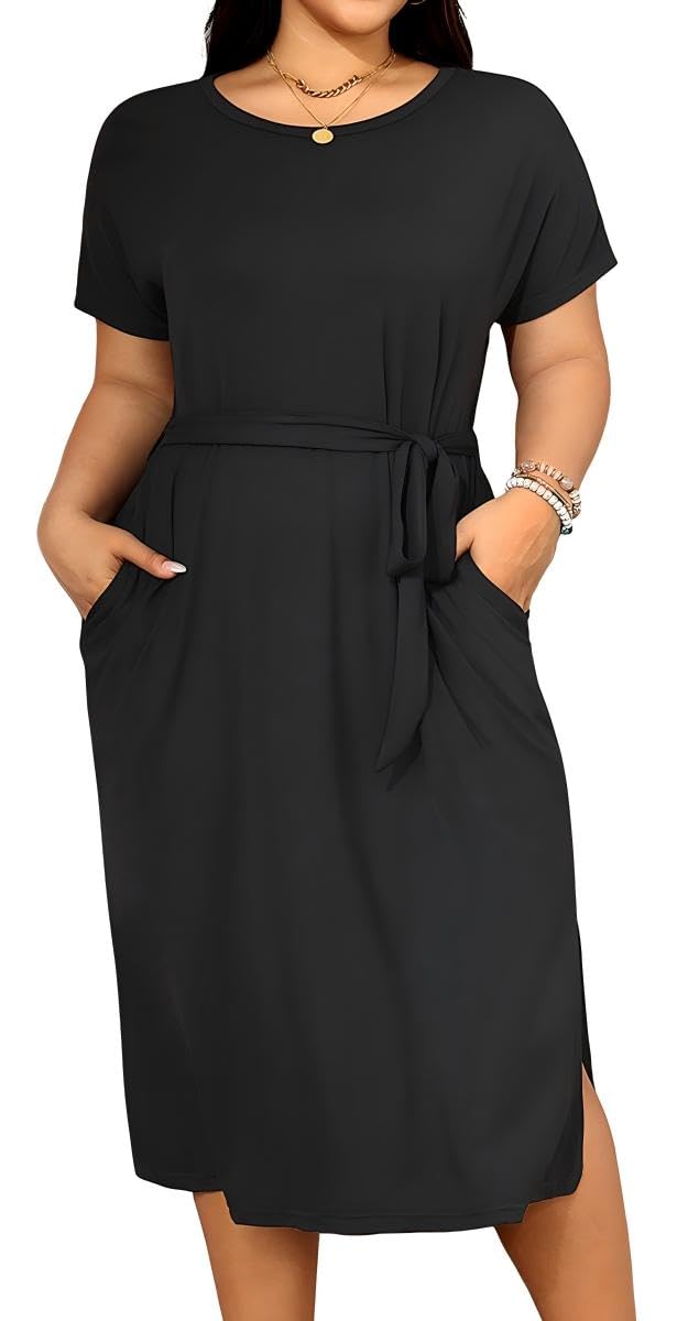 Holipick Plus Size Summer Dresses for Curvy Women Church Business Work Casual Party Tie Short Sleeves Midi Dress Pockets
