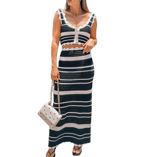 Conjunto de 2 peças de saia de crochê para mulheres, top de malha, listrado, colado ao corpo, saia longa, saída de praia, B, P