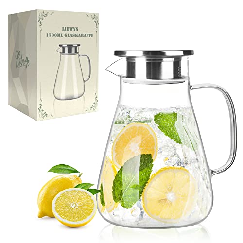 LIBWYS 1700ml Glaskaraffe mit Deckel - Wasserkaraffe aus Borosilikatglas, Karaffe Glas Getränkekaraffe Wasserkrug für DIY Getränke, Tee, Milch, Saft