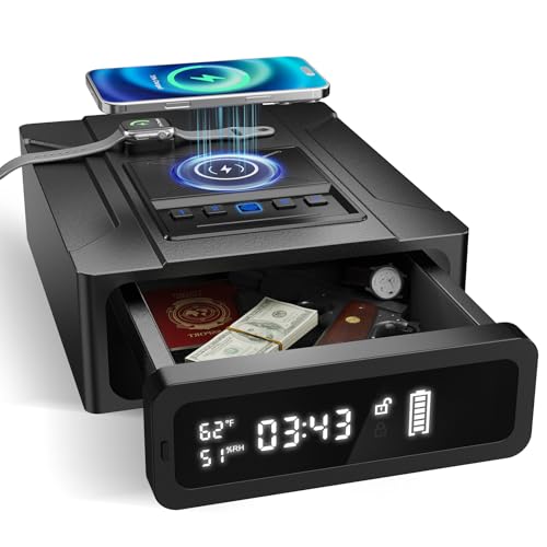 Oraraer Biometric Smart Gun Safe, 3 Quick Access Handgun Safe With Alarm Clock, Heavy Duty Anti-Theft Money Box For Home Security，Bedside Drawer Safe For Table,Closet