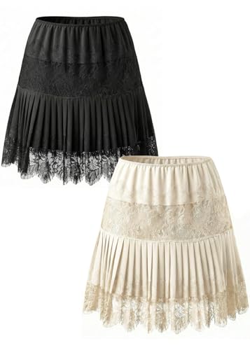 Womens Lace Mini Low Rise Pleated Ruffle Half Slip Skirt Y2K Casual Elastic Layered Trim Short Skirts Underskirt(Black and Beige M)