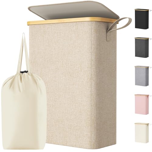Lifewit 50L Slim Laundry Basket with Lid Narrow Laundry Bin with Removable Bag & Bamboo Handles Foldable Thin Dirty Clothes Hamper for Laundry Bathroom Bedroom Dorm (Beige)