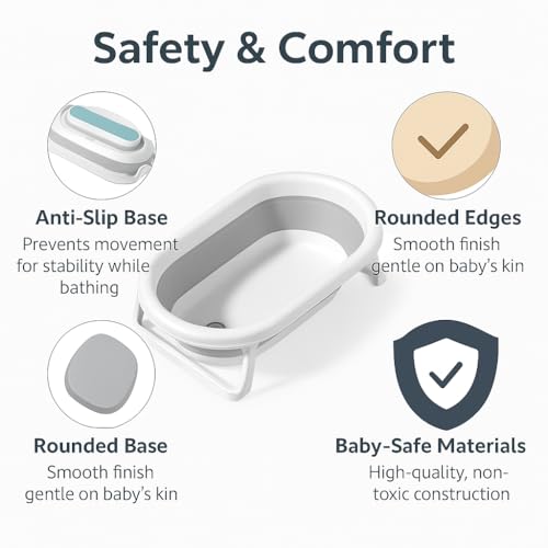 Image of Foldable Baby Bathtub for 0-3 Years | Collapsible Portable Bath Tub with Soap Holder & Drain Plug | Non-Slip Legs, Heat Retention Design, BPA-Free Safe Material (Grey)
