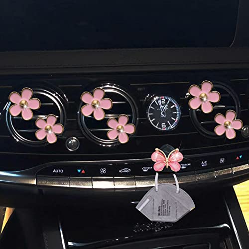 Image of Pink Daisy Air Vent Clips, 6 Pcs Cute Flower Car Air Fresheners Vents Clips Car Diffuser Vent Clip Car Interior Decor Charm Cute Car Accessories Car Decoration for Women + Cute Butterfly Mask Hook