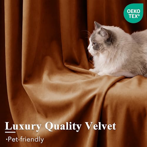 Image of Burnt Orange Velvet Curtains Back Tab Boho Drapes, W52xL96, 2 Pcs | Thermal Insulated, Window Back Tab Pinch Pleat Boho Vintage Drapes for Bedroom, Elegant Privacy, Home Decor for Sliding Door