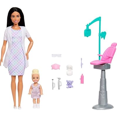 Barbie Careers Dentist Playset with Brunette Doll Wearing White Coat, Toddler Small Doll, Examination Chair & Accessories