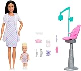 Barbie Carriere - Dentista, set con bambola castana che indossa il camice bianco, mini bambola bambina, poltrona per le visite e accessori a tema inclusi, 3+ anni, JMK15