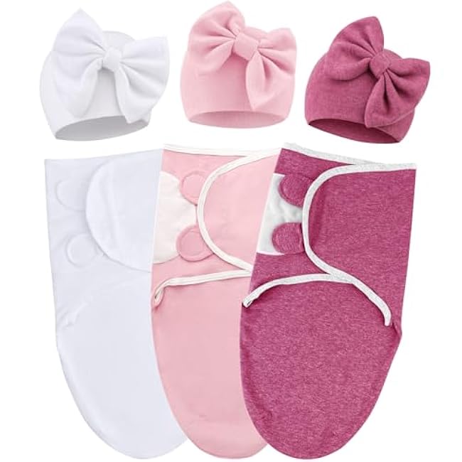 Baby Swaddle Sleep Sacks with Big Bow Hats Cotton Adjustable Swaddle Blankets Wrap Nursery Swaddles for Newborns Boy Girl Infant 0-3 Months