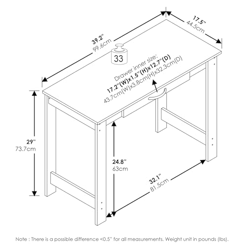 Furinno Jaya Desk, 39.2" Wide Computer Desk with H-Legs and Drawer, Darkwood - image 3
