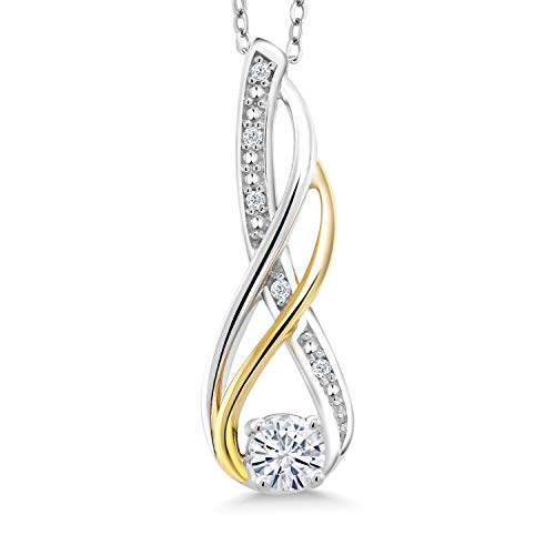 Gem Stone King 2-Tone 10K Yellow Gold And 925 Sterling Silver White Moissanite by Charles & Colvard and White Diamond Pendant Necklace For Women (0.27 Cttw, with 18 Inch Silver Chain)