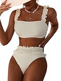 GORGLITTER Women's Ruffle Bikini Sets High Waisted Full Coverage Swimsuits White Small