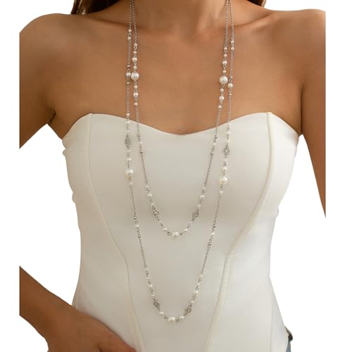 2Pcs Pearl Long Chain Necklace,Multi-layered Bead Clavicle Necklace,Bridal Wedding Pearl Chest Body Chain,Sexy Metal Flower Neck Chain Jewelry for Women3