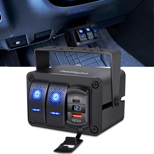 Nilight 2 Gang Rocker Switch Box w/Voltmeter PD Type C and USB Socket