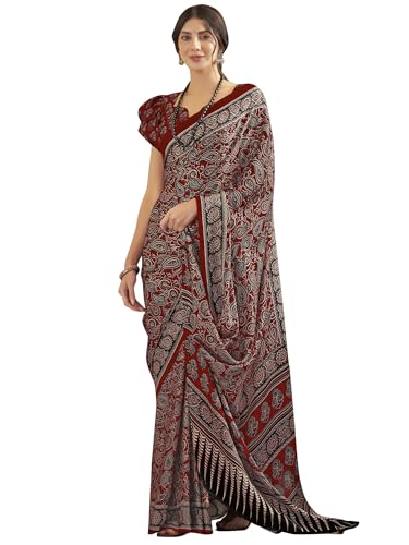 Image of SAREE MALL Women's Ajrkh Print Satin Crepe Polka Dot Printed Saree With Unstitched Blouse Piece