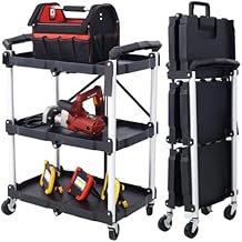 3-Tier Portable Collapsible Service Cart, 150 lbs Capacity, Folding Utility Cart with Locking Shelves & Wheels, Heavy Duty Storage Organizer for Tools, Garage, Office