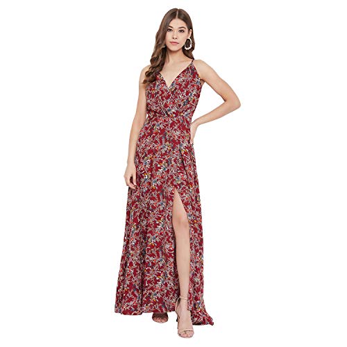 Image of Berrylush Red Solid V Neck Maxi Dress