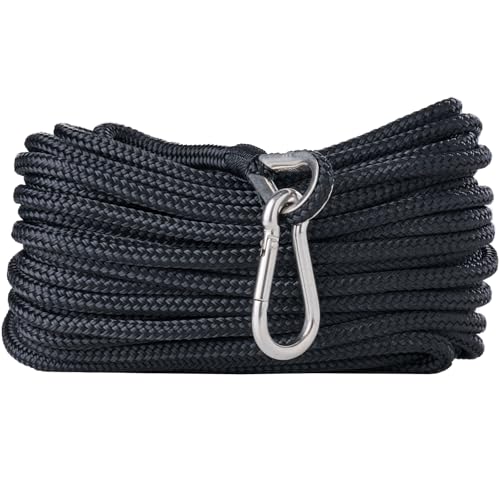 Image of RainierSupplyCo Boat Anchor Rope - Double Braided Marine Rope Anchor Line - 50 ft x 1 /4 Inch Nylon Boating Line with 316 Stainless Steel Thimble and Heavy Duty Marine Grade Snap Hook - Black