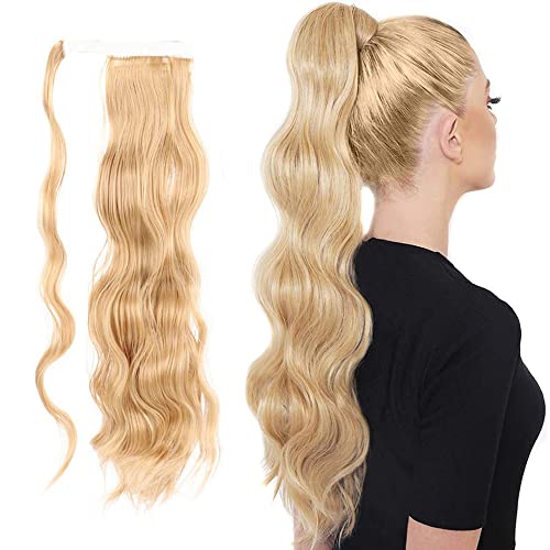 Long Ponytail Hair Extension Curly Wavy Wrap Around One Piece Pony Tail Extensions Clip in Synthetic Hairpieces Wig with Magic Paste for Women Girls Brown Blonde 24"