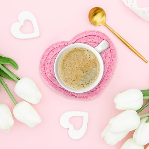 Whaline Valentine's Day Heart Coasters Handmade Braided Cotton Coasters Pink Red Cup Mat with Golden Holder Anti Slip Absorbent Drinks Mat for Mother's Day Home Restaurant Housewarming Gifts, 4Pcs by Whaline - Image 5