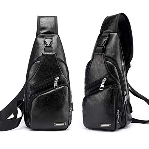 Men's Leather Sling Bag Multipurpose Daypack Shoulder Chest Crossbody Bag Black #TOP2
