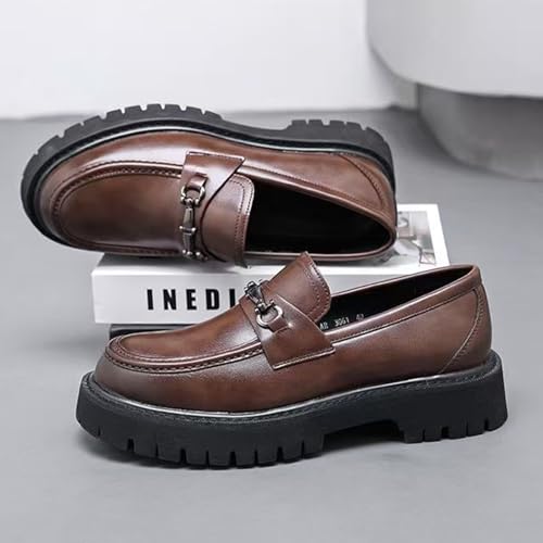 Image of XENTORD Men's Patent Leather Platform Loafers Comfort Non-Slip Lug Sole Slip-On Dress Shoes with Metal Horsebit Detail for Business Office & Casual