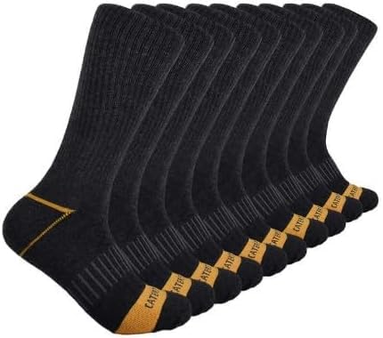 CATERPILLAR (CAT) - Performance Crew Length Socks - 8 to 12 Shoe Size -10 Pack, Black, 10-122