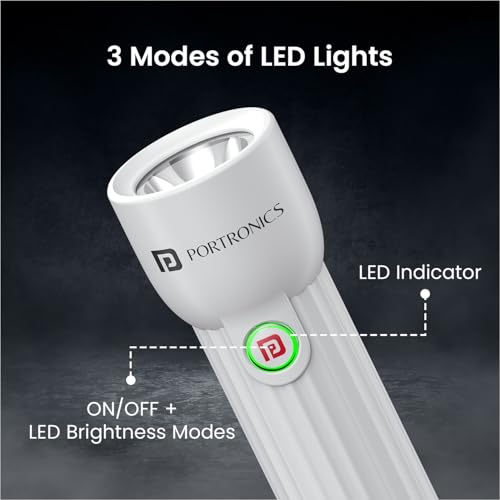 Image of Portronics Eco Glow Mini LED Torch Light with USB Rechargeable Battery, Compact Size Flashlight, Dual-Brightness Levels, SOS Emergency Light Mode, for Home, Outdoor, Camping, Travel (White)