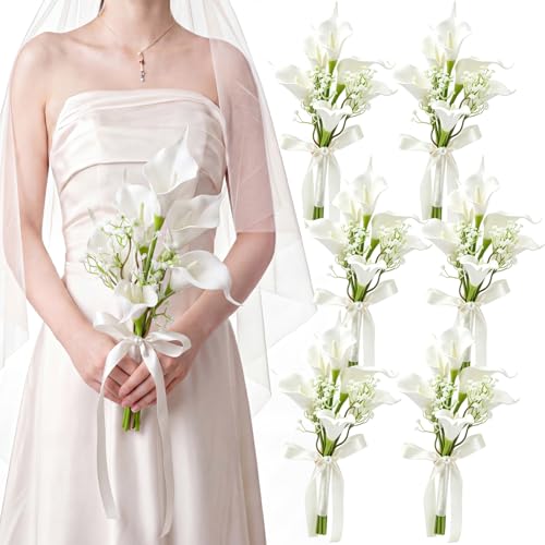 Rivvlive 6 Pcs Bridesmaid Bouquets Bridal Bouquet for Bridesmaids White Calla Lily Artificial Flowers Pre Tied Wedding Party Bouquets for Wedding Party Ceremony Anniversary Decor