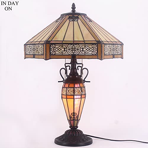 Werfactory Tiffany Table Lamp Yellow Stained Glass Hexagon Mission Mother-Daughter Vase Lamp 16X16X24 Inches Desk Reading Light Decor Bedroom Living Room Home Office S011 Series #TOP7